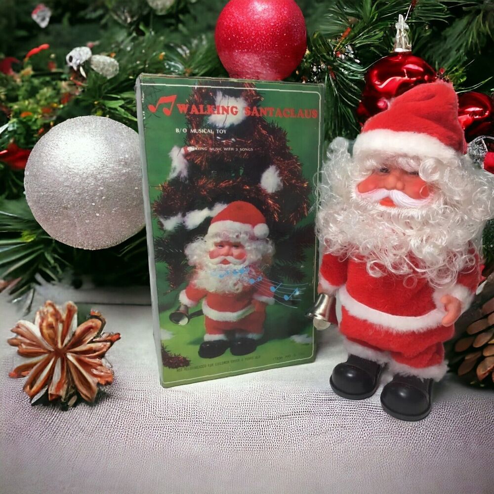 Vintage Musical Walking Santa Claus w/ Bell Plays Music No Movement Original Box